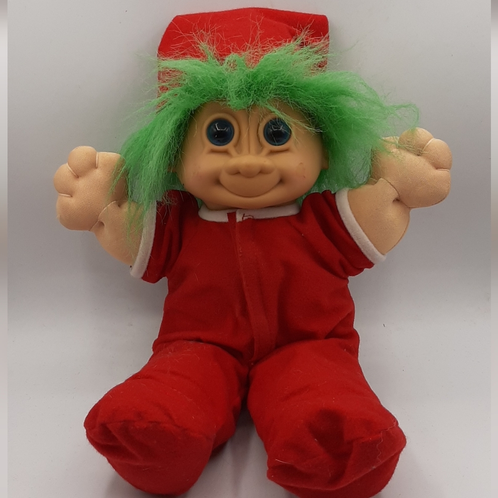 Russ Christmas Troll Doll 2338 Santa Hat Pajamas Green Hair 13" Soft Body Vtg
